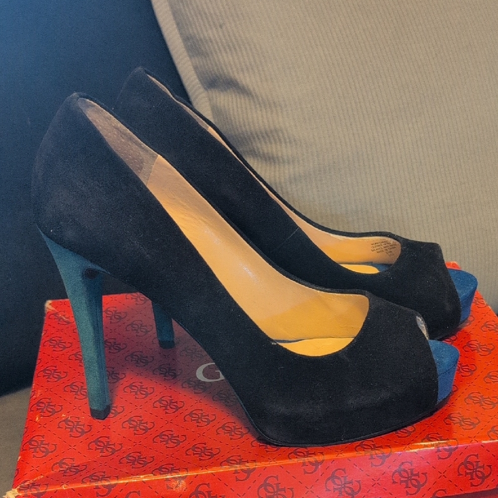 Guess Suede Black, Blue, Teal Peep-Toe Heels